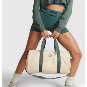 Victoria’s Secret PINK Canvas Duffel Bag Large Cream Logo Tote NWT